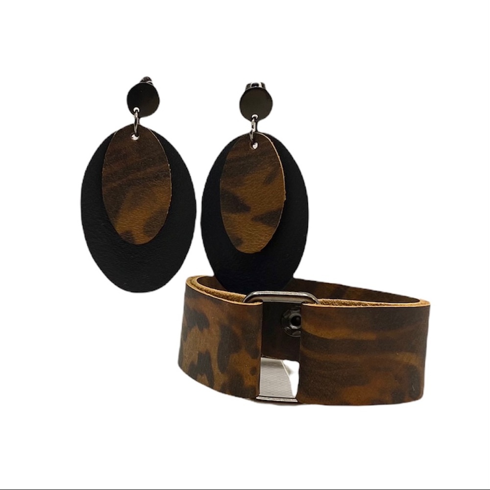 Leather cuff and matching earrings